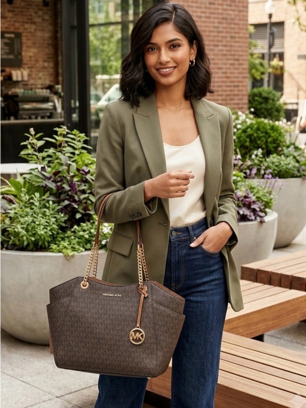 Michael Kors Brown Monogram Tote with Gold Hardware